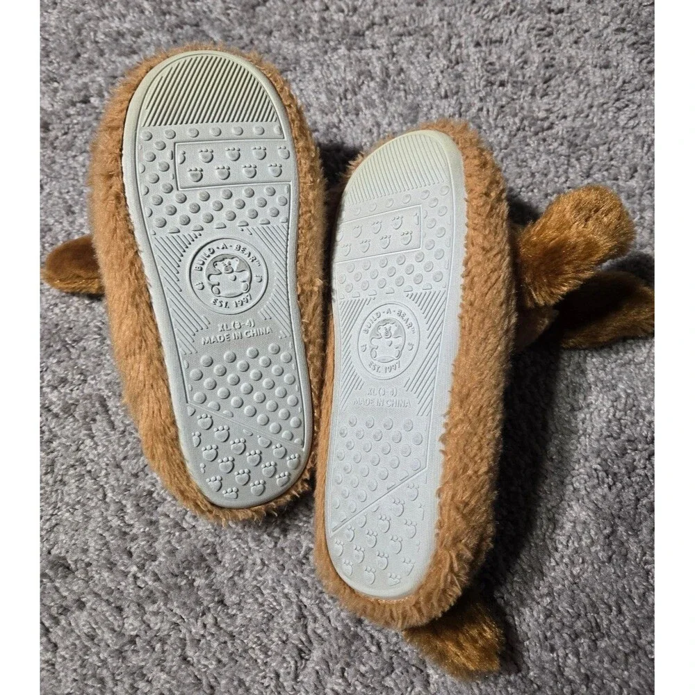 Build a Bear Dog Slippers Brown Ears Youth XL (3-4) Rubber Soles